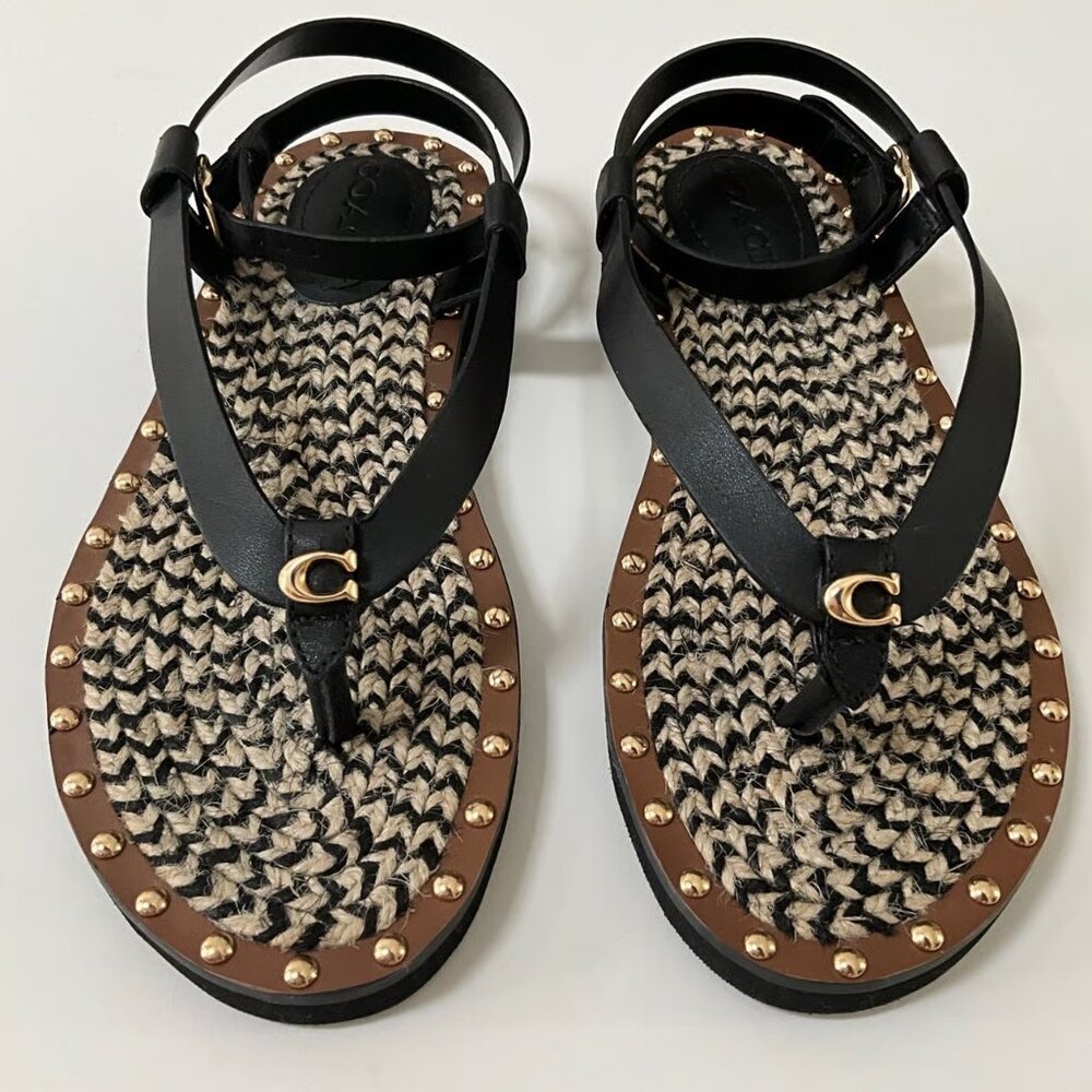 COACH Gracey Black and Brown Leather Thong Sandals w/ Gold Studs, size 9